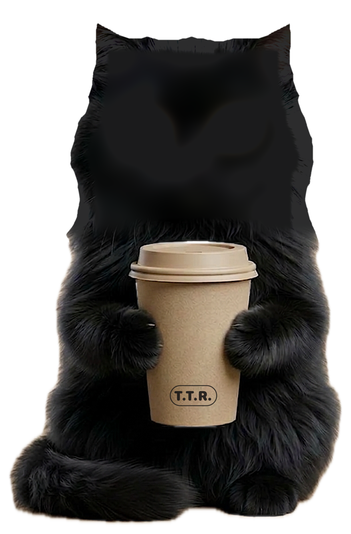 Black cat holding a beige T.T.R. coffee cup